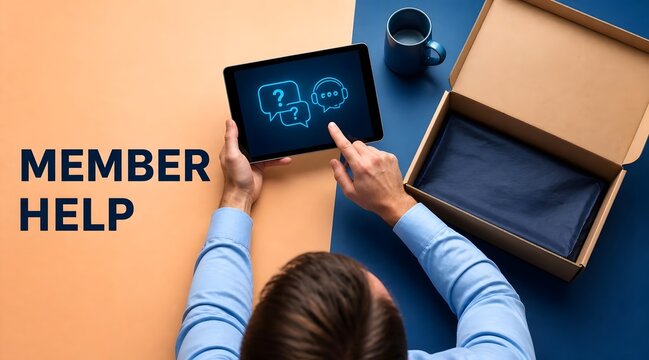 Member help desk, man and tablet with customer service for membership, online assistance and delivery. Professional, technical and guidance with package, retail and e-commerce for solution and faqs