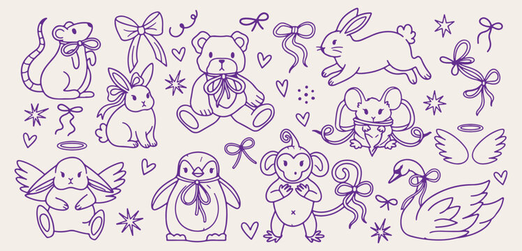 Cute plush toys doodle background, childhood stuffed animals line art, baby nursery teddy bear pattern, funny monkey penguin sketch wallpaper, child playroom elements seamless texture, cute rabbit mou