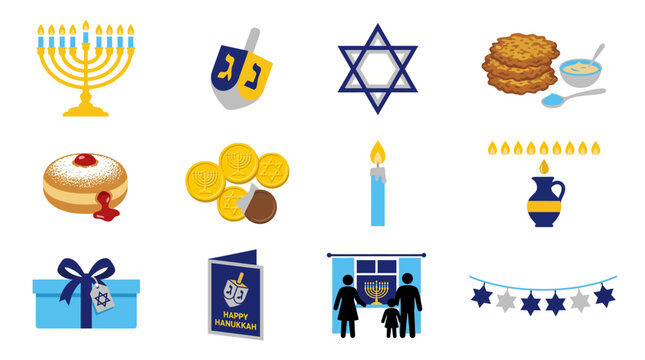 Hanukkah Festival of Lights collection with menorah dreidel latkes gelt and Jewish holiday celebration vector set