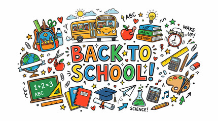 Fototapeta premium Colorful Back to School Supplies and Education Icons in Hand Drawn Doodle Style
