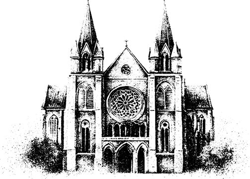 Black and white stippled gothic cathedral facade with rose window and flying buttress for historical background and poster design