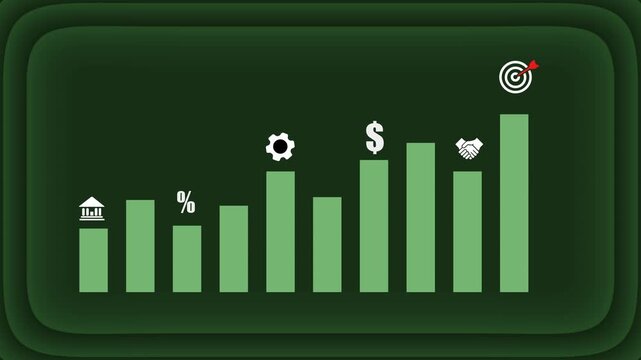 Purple business infographics bar chart growth animation with financial icons showing bank percentage gear dollar handshake and target for corporate success report data analysis or investment stock vid