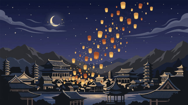 People release lanterns in the night sky above a traditional village