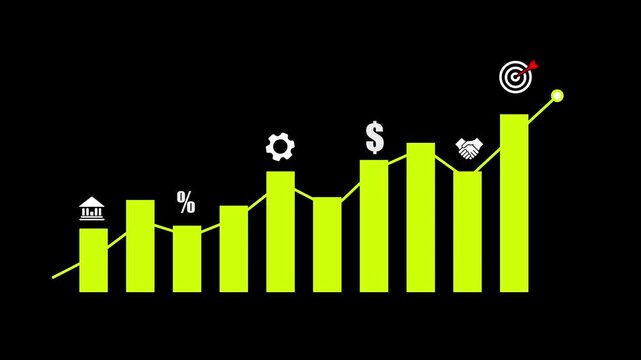 Purple business infographics bar chart growth animation with financial icons showing bank percentage gear dollar handshake and target for corporate success report data analysis or investment stock vid