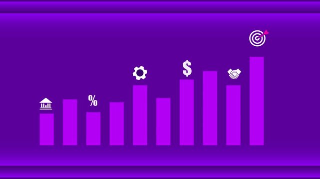 Purple business infographics bar chart growth animation with financial icons showing bank percentage gear dollar handshake and target for corporate success report data analysis or investment stock vid