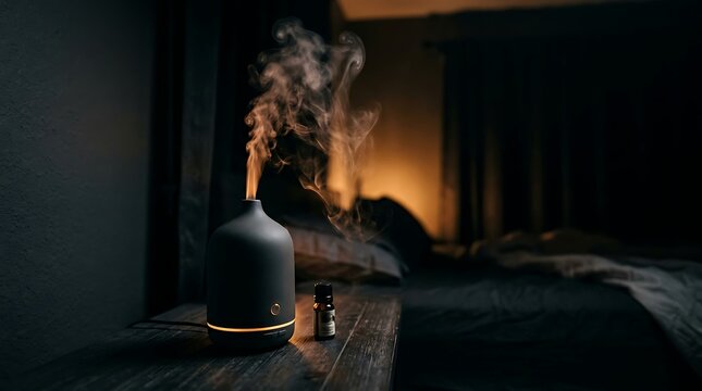 Aromatherapy diffuser emitting mist in a dimly lit room with a warm glow in the background.