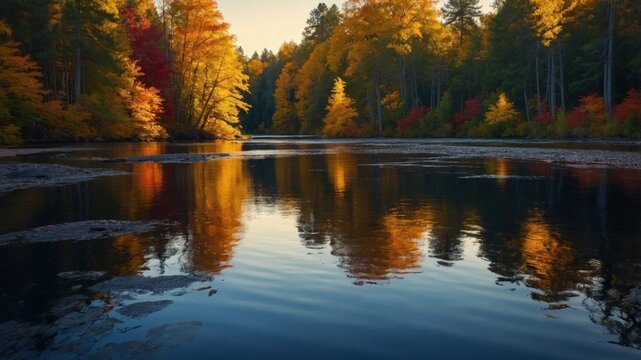 Tranquil autumn landscape reflecting vibrant foliage on a serene river at sunset, peaceful ambiance