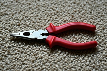 Obraz premium Red handled pliers rest on textured carpet. This tool is made for gripping and cutting metal parts. It is a durable hardware item for home repairs and DIY projects.