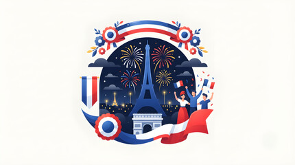 Fototapeta premium France Bastille Day National Celebration Vector Background with Eiffel Tower, Fireworks, and People Waving Flags