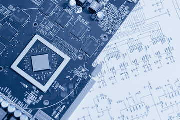 Fototapeta premium Advanced electronic circuit board design for semiconductor technology. High precision engineering and PCB development.