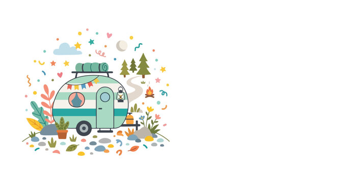 A whimsical vector illustration features a vintage camper trailer parked in a colorful landscape surrounded by nature and festive confetti.