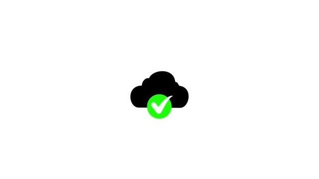 Minimalist flat design animation of a cyan cloud storage icon with green checkmark tick sign on solid white background for secure backup, data upload success or verification stock video