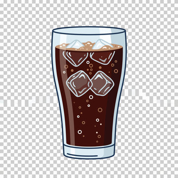 A refreshing glass of dark carbonated soda with ice cubes