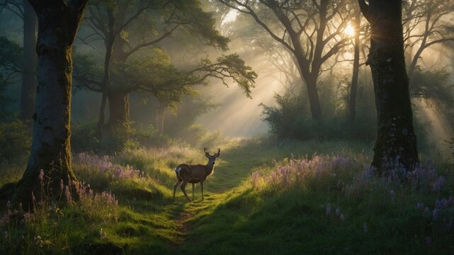 Serene deer standing in a sunlit forest path surrounded by blooming flowers and trees