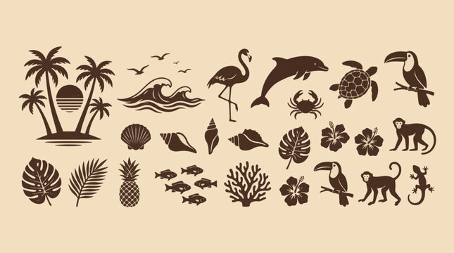 Tropical Island Elements and Exotic Nature Icons Set with Palm Trees, Sea Life, Exotic Animals, and Tropical Flora Silhouettes
