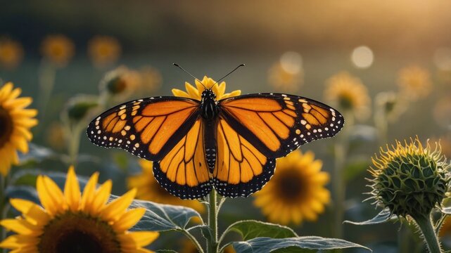 Vibrant Monarch Butterfly Perched on Sunflower in a Lush Field During Golden Hour with Soft Background