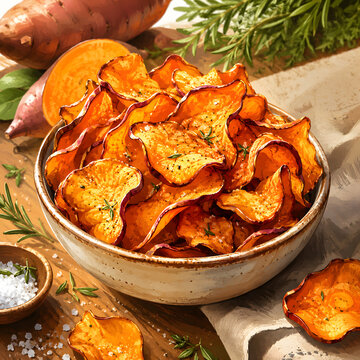 Bowl of crispy sweet potato chips with herbs and sea salt