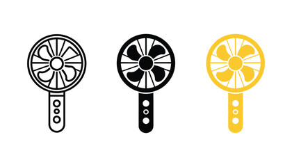 Portable handheld fan icons featuring outline, solid black, and flat color styles with clean minimalist vector graphics for cooling devices, summer accessories, and electronic products. © MD. ARIF ISLAM