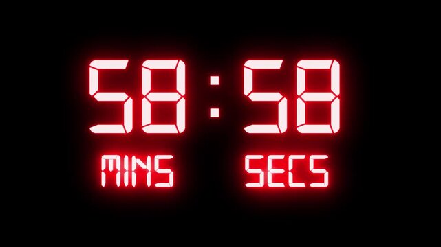 glowing neon digital number countdown 60 second on black background, 60 second to 0 timer animation video.