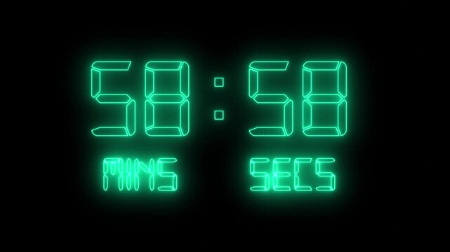 glowing neon digital number countdown 60 second on black background, 60 second to 0 timer animation video.