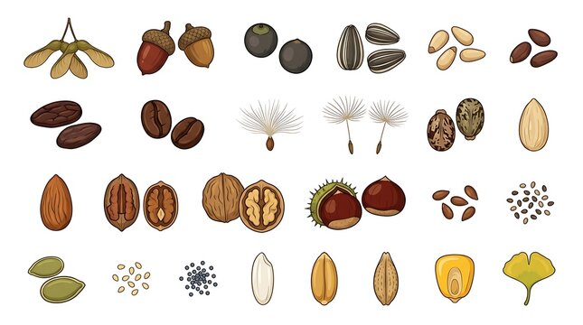 Seeds and nuts collection displays a variety of botanical specimens including acorns, sunflower kernels, walnuts, and corn grains arranged on a clean white background for educational purposes.