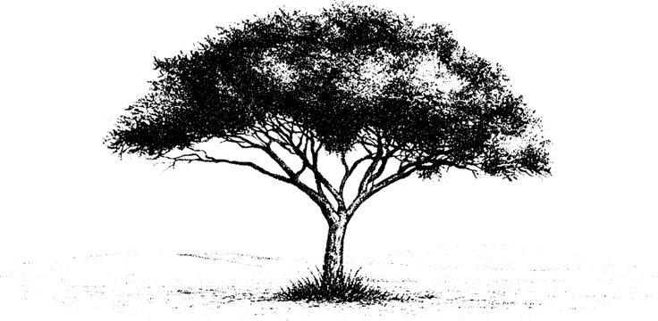 Black and white stippled solitary locust tree with detailed canopy and exposed branches for botanical poster and background design