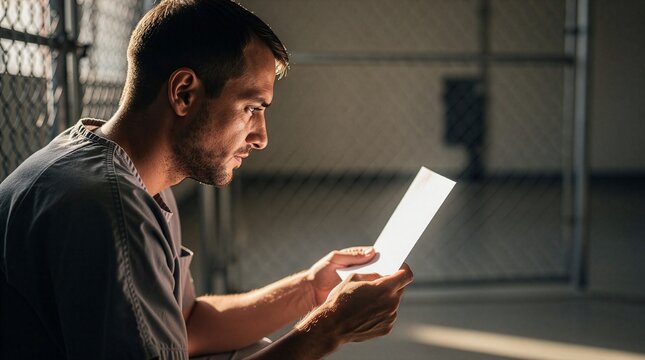 Side profile of a serious male inmate reading a white paper letter inside a prison cell facility, dramatic sunlight and shadows, concept of regret, rehabilitation and message.