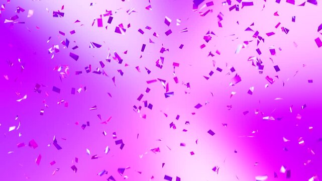 Falling pink and purple metallic confetti on a vibrant gradient background. Festive celebration animation with shimmering glitter, perfect for party, holiday, event, greeting card or promo videos.
