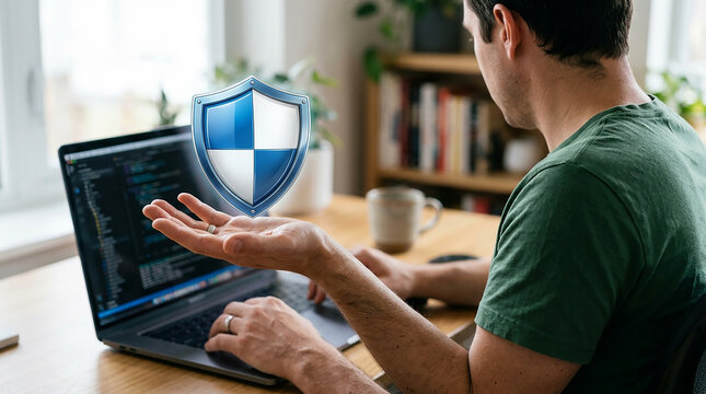 Cybersecurity Shield Icon Over Laptop: A person works on a laptop with a glowing blue and white shield icon hovering over their outstretched hand.