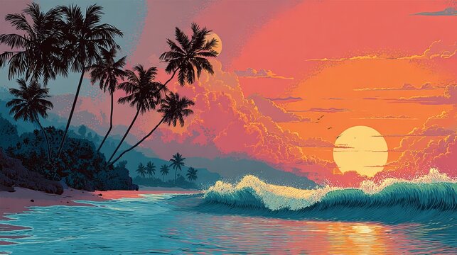 Tropical sunset over ocean with palm trees, vibrant colors, pixel art style, serene beach landscape, peaceful evening glow