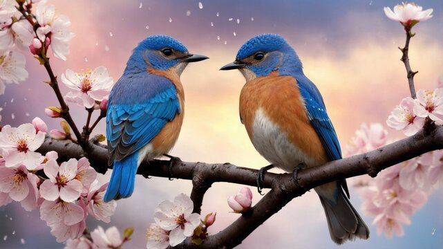 Two vibrant bluebirds perched on a blossoming branch, set against a colorful sunset backdrop
