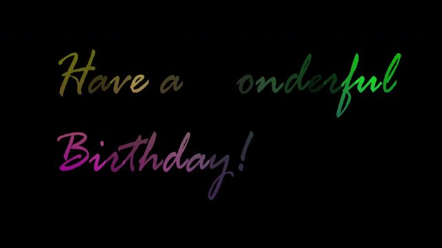 Colorful birthday greeting on black background with 'Have a Wonderful Birthday!' in rainbow cursive text