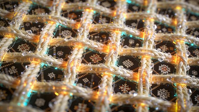 Surreal microscopic view of traditional Belarusian textile fibers as glowing crystalline threads with floating geometric motifs, AI-first impossible macro visualization