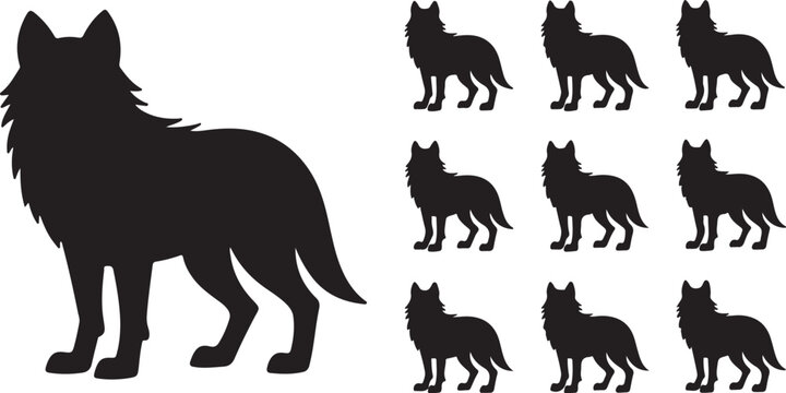 Black silhouettes of wolves on a white background standing together