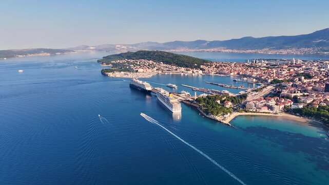 Aerial view of split croatia harbor with cruise ships
