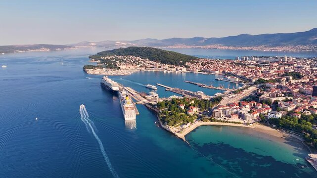 Aerial view of split croatia and cruise ship port