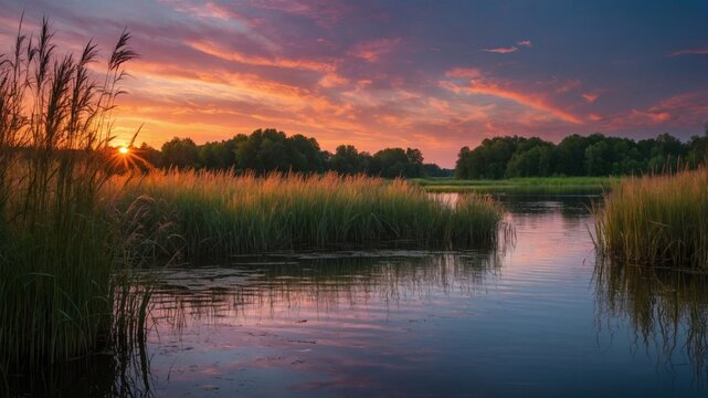 Serene sunset over a tranquil lake surrounded by lush greenery and tall grasses reflecting in water