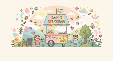 A cheerful vector illustration shows a "Happy Ice Cream" cart in a whimsical park with two children, colorful flowers, and a rainbow. © Regina