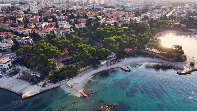 Aerial view of split city coastline and beach at sunrise in croatia