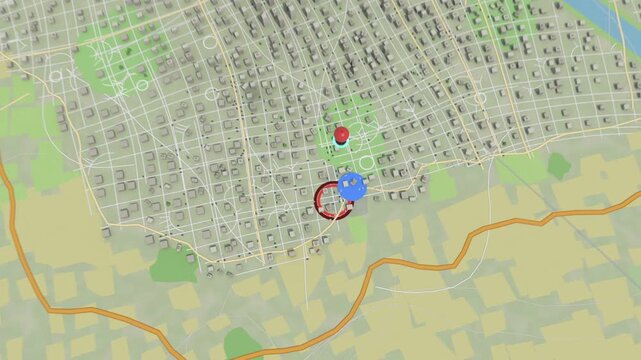 Following blue marker appearing, route drawing cyan line through 3D city toward red balloon pin