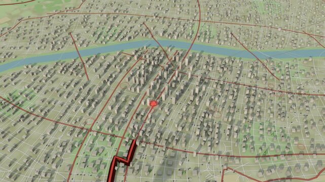 Activating blue origin marker sending red waypoint moving north on red route toward pin near river