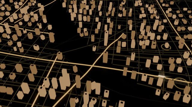 Rising red teardrop pin after circular highlight, pulsing rings over 3D city map marking route