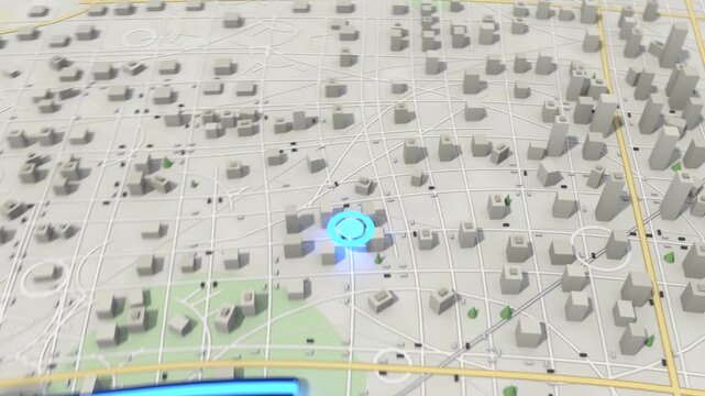 Zooming camera tracking glowing blue waypoint moving along raised route across map reaching red pin