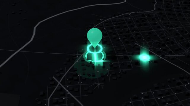 Dropping teal map pin initiating neon corridor tracing dark city grid, pulsing rings linking beacon