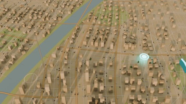 Tracing blue route ribbon on beacon appearing, crossing river reaching red pin with lit waypoints