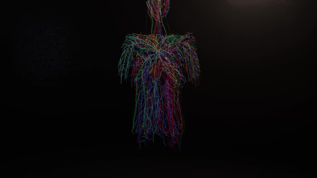 Falling colored strands sparking organic core forming humanoid figure on dark stage, spot glowing