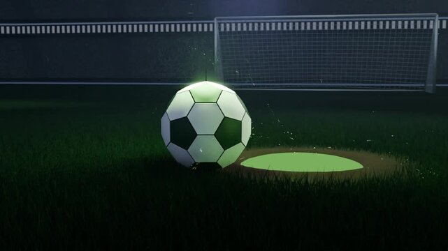 Glowing orb forming from light from right, morphing into soccer ball settling in front of goal