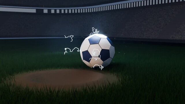 Appearing energy ring summoning glowing soccer ball on pitch near goalpost, emitting electric arcs