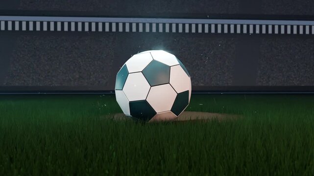 Traveling bright projectile from top right striking wall, sparking and forming soccer ball on turf