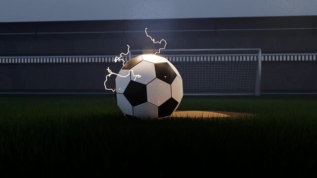 Streaking projectile from right striking grass near goal, forming glowing soccer ball with sparks